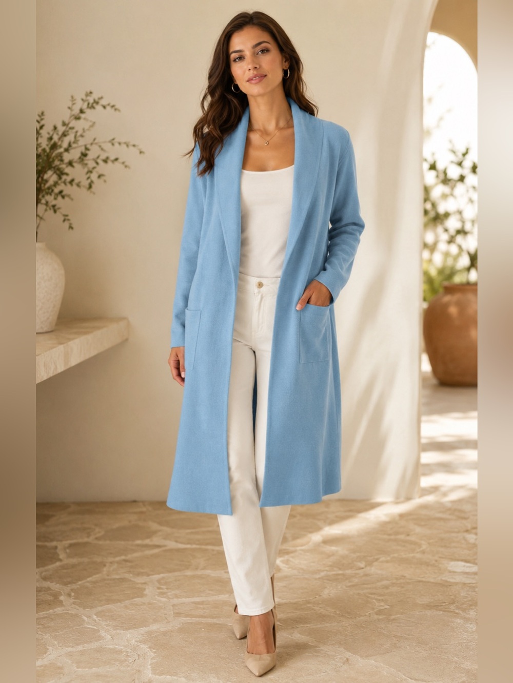 MaxSport Long Open-Front Light Blue Women's Cardigan with Pockets